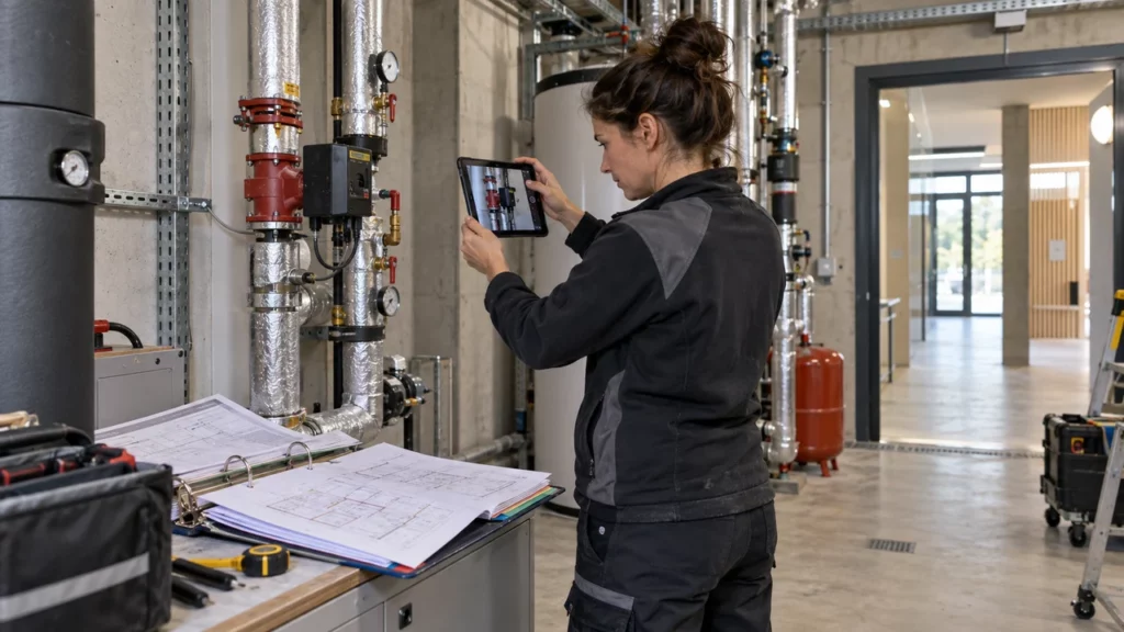 Technicienne constituant le DOE à partir d’une installation achevée