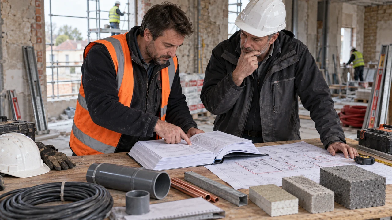 Responsables rapprochant le BPU des plans et matériaux du chantier