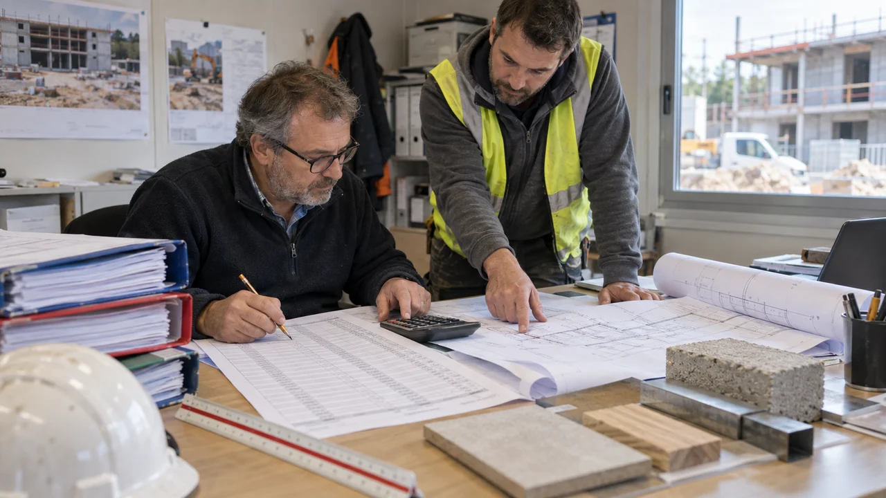 Métreur et chef de chantier analysant le BPU avant chiffrage