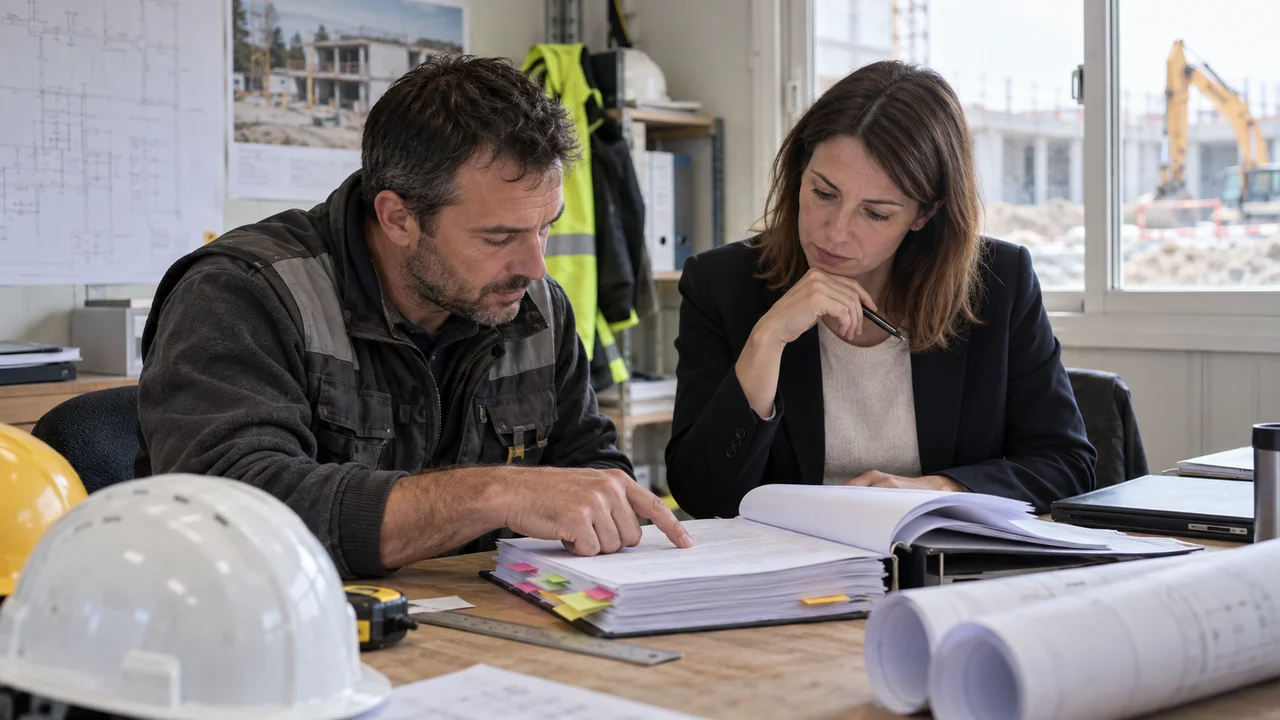 Responsable de chantier et juriste contrôlant la conformité des prix unitaires