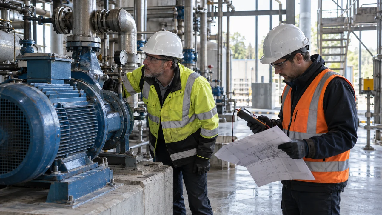 Responsables techniques inspectant une installation pour identifier une variante