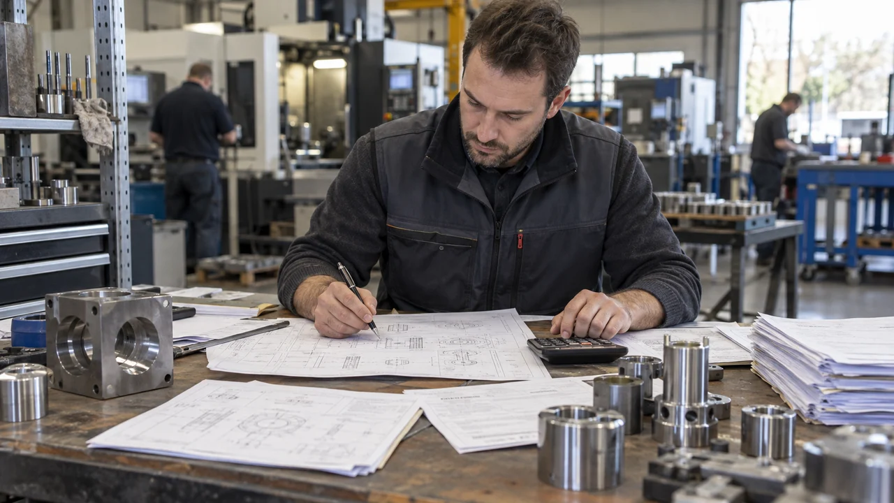 Métreur chiffrant une variante à partir de plans et de pièces industrielles