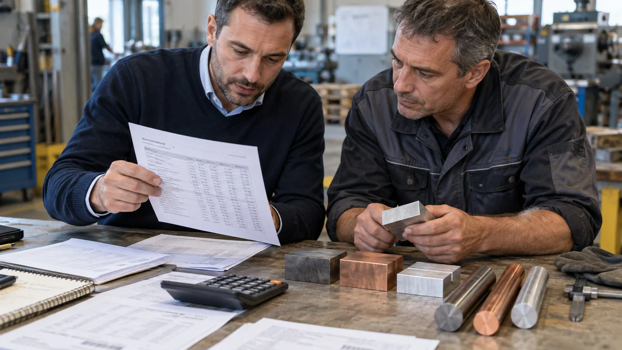 Responsable achats et chef d’atelier vérifiant les indices de prix des matériaux
