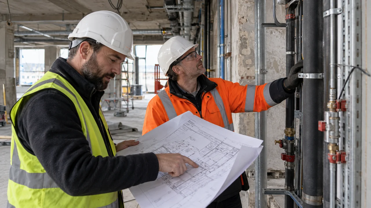 Deux responsables de chantier contrôlant une modification de périmètre sur site