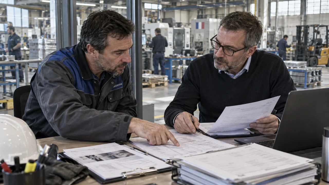 Responsables de PME industrielle rapprochant coûts et quantités pendant le marché