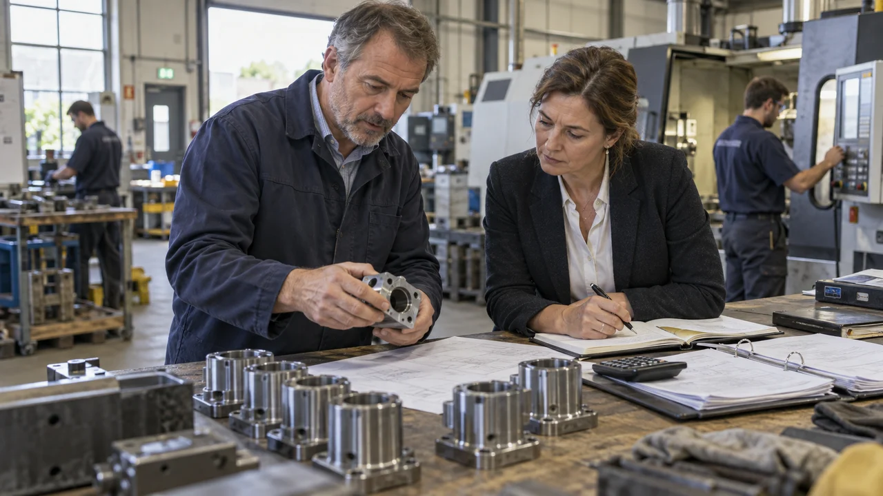 Dirigeant et responsable financière évaluant la marge sur des pièces industrielles