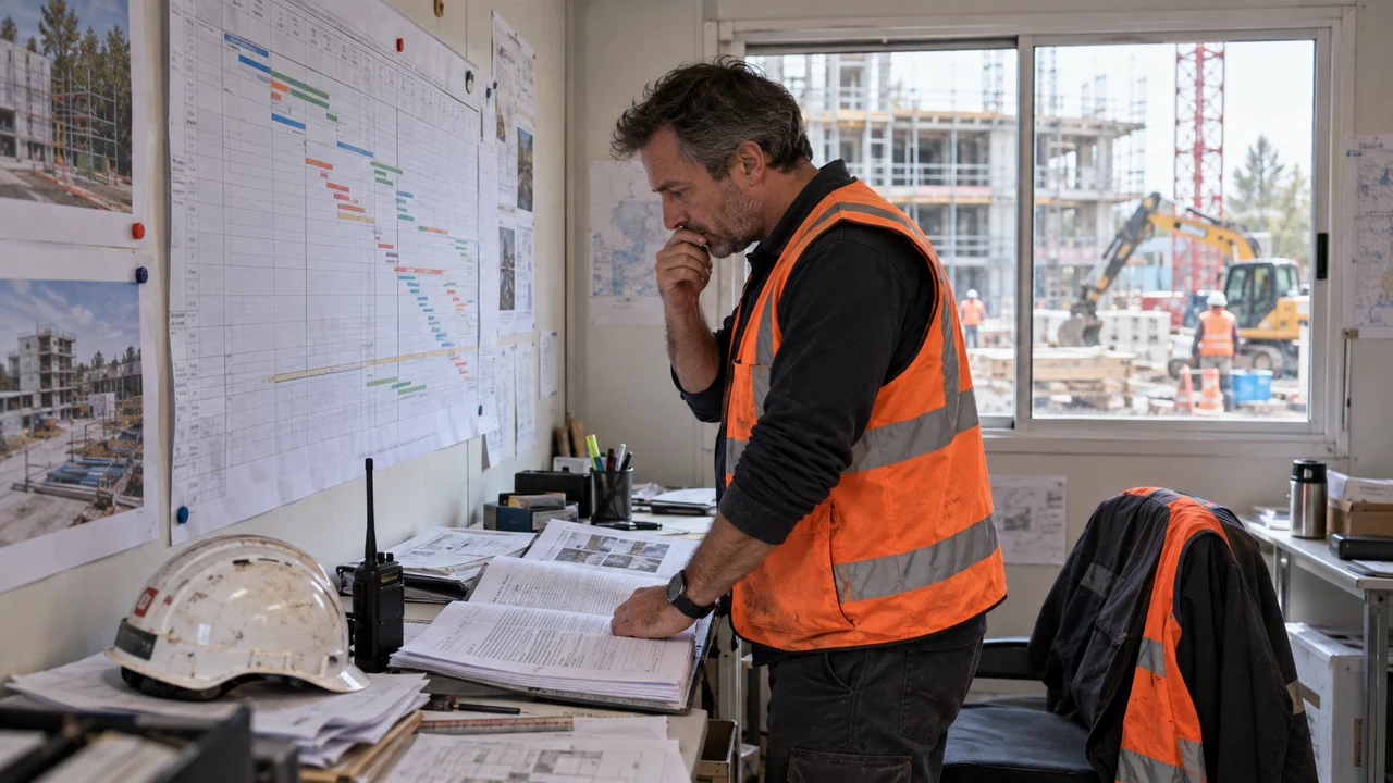 Conducteur de travaux analysant un retard contractuel dans le bureau de chantier