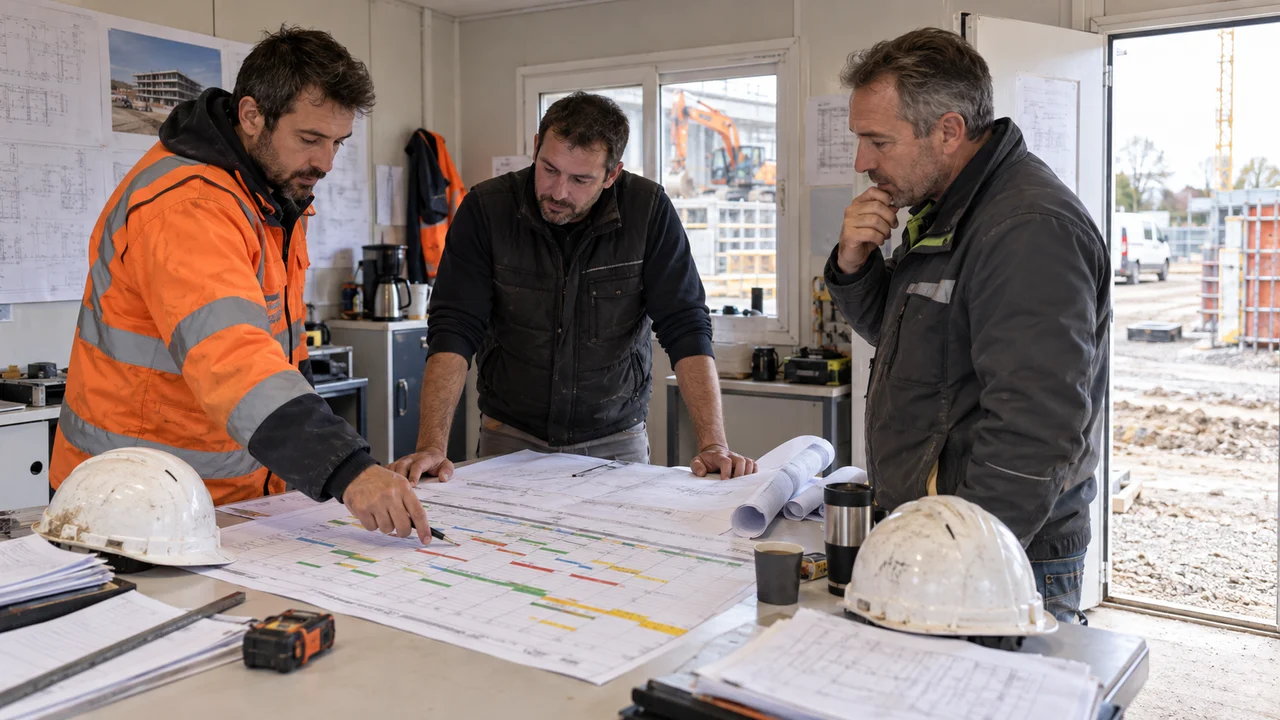Équipe de chantier organisant les tâches pour tenir le délai contractuel