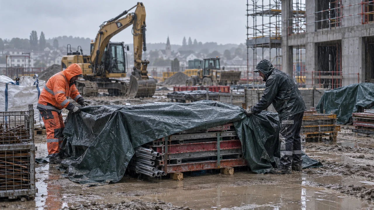 Ouvriers protégeant un chantier interrompu par de fortes intempéries