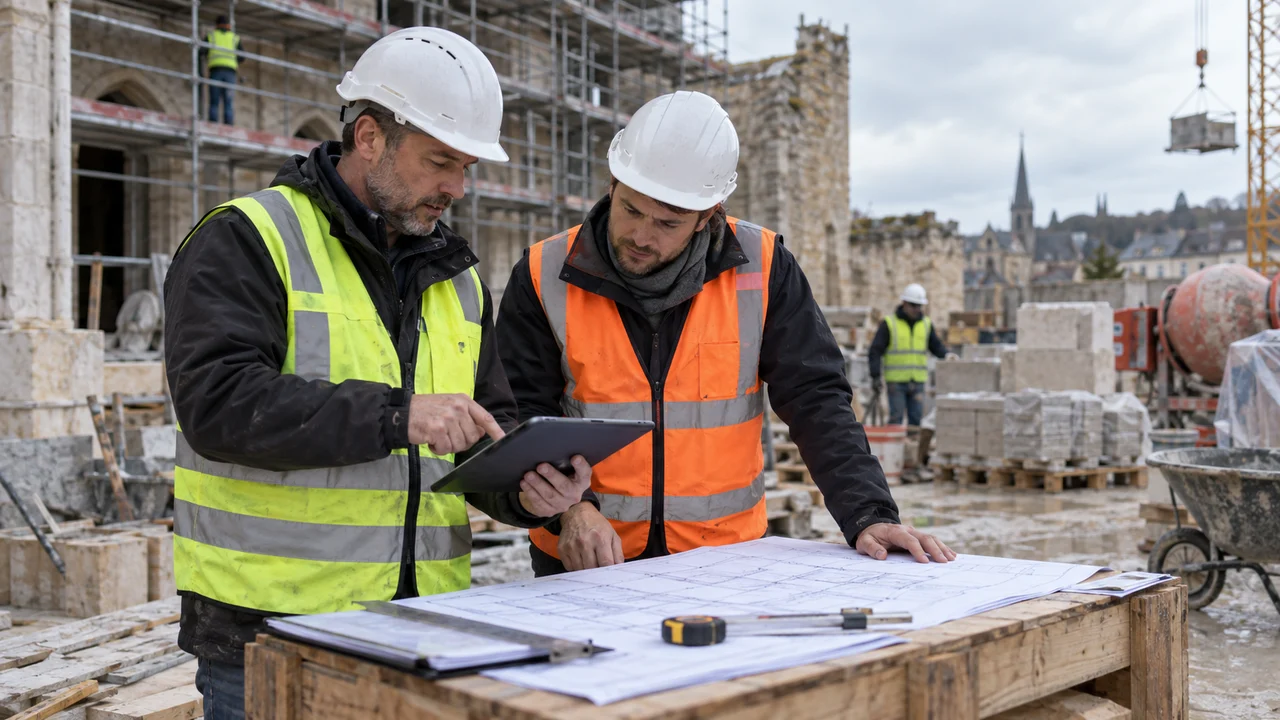 Conducteur de travaux et métreur vérifiant une situation de paiement sur chantier