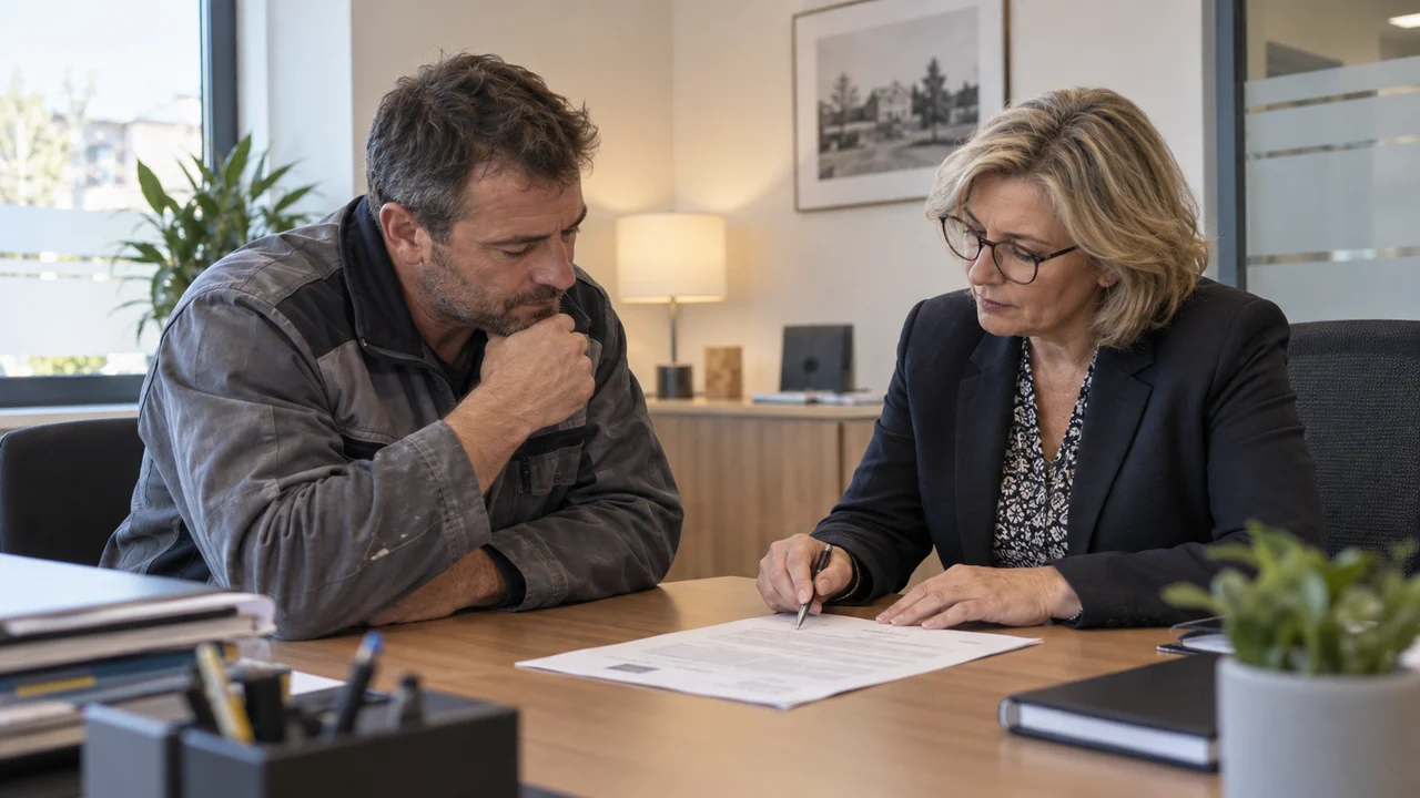 Entrepreneur du bâtiment étudiant un dossier de caution avec sa conseillère bancaire