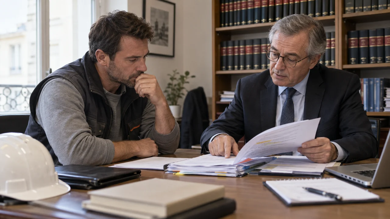 Entrepreneur du bâtiment examinant un dossier de retenue bloquée avec son avocat