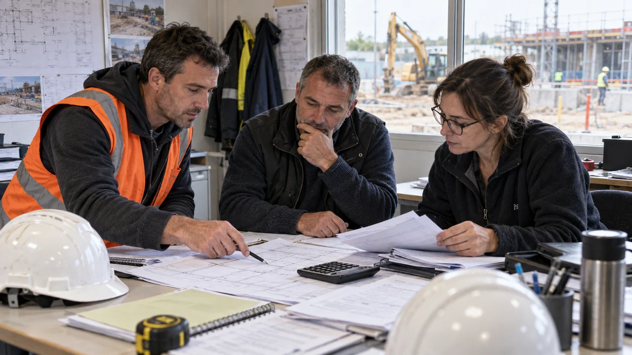 Équipe de chantier préparant le calendrier contractuel et la facturation du marché