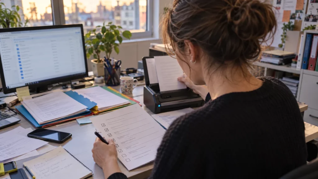 Coordinatrice vérifiant la checklist d’une candidature UGAP avant dépôt