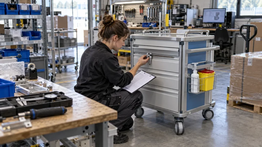 Technicienne d’une PME contrôlant un équipement destiné aux achats hospitaliers